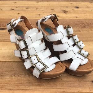 White multi-buckle wedges